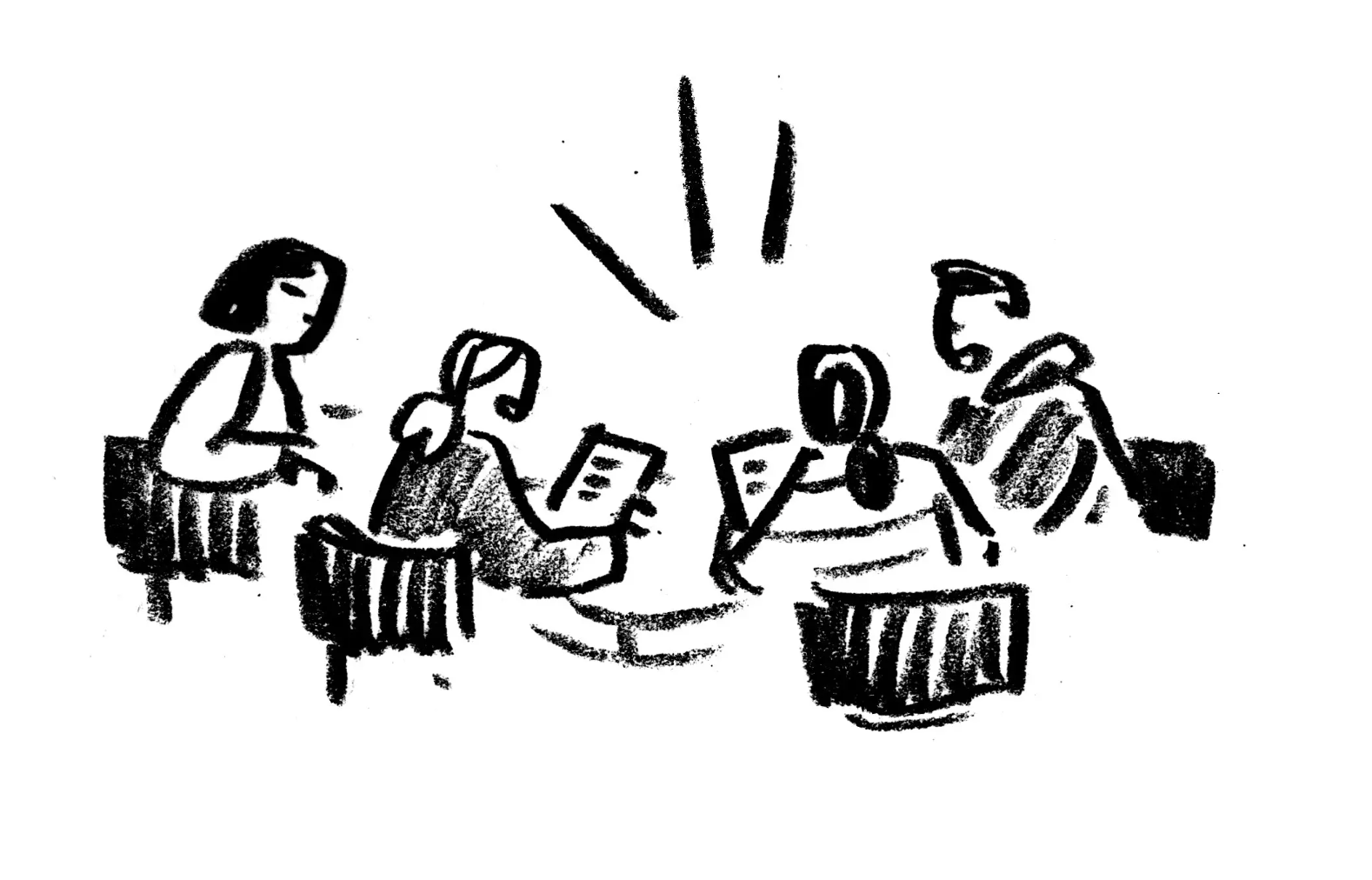 Drawing of four people holding papers and talking