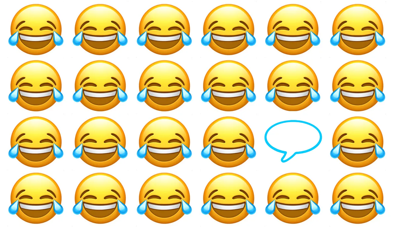 Four rows of six laughing crying emojis with one replaced with a speech bubble