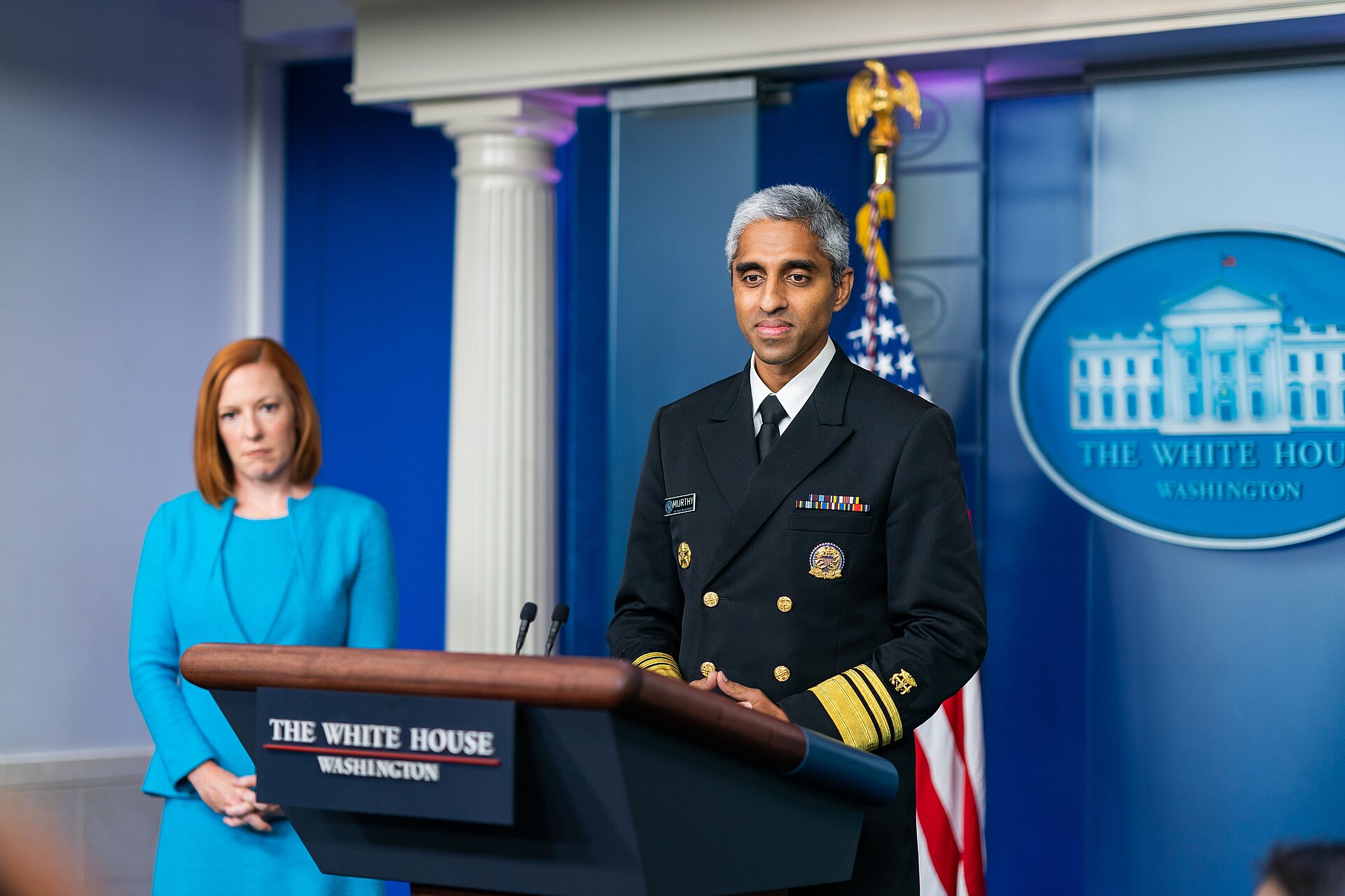 U.S. Surgeon General Vivek Murthy, joined by Press Secretary Jen Psaki, delivers remarks and answers questions from member of the press