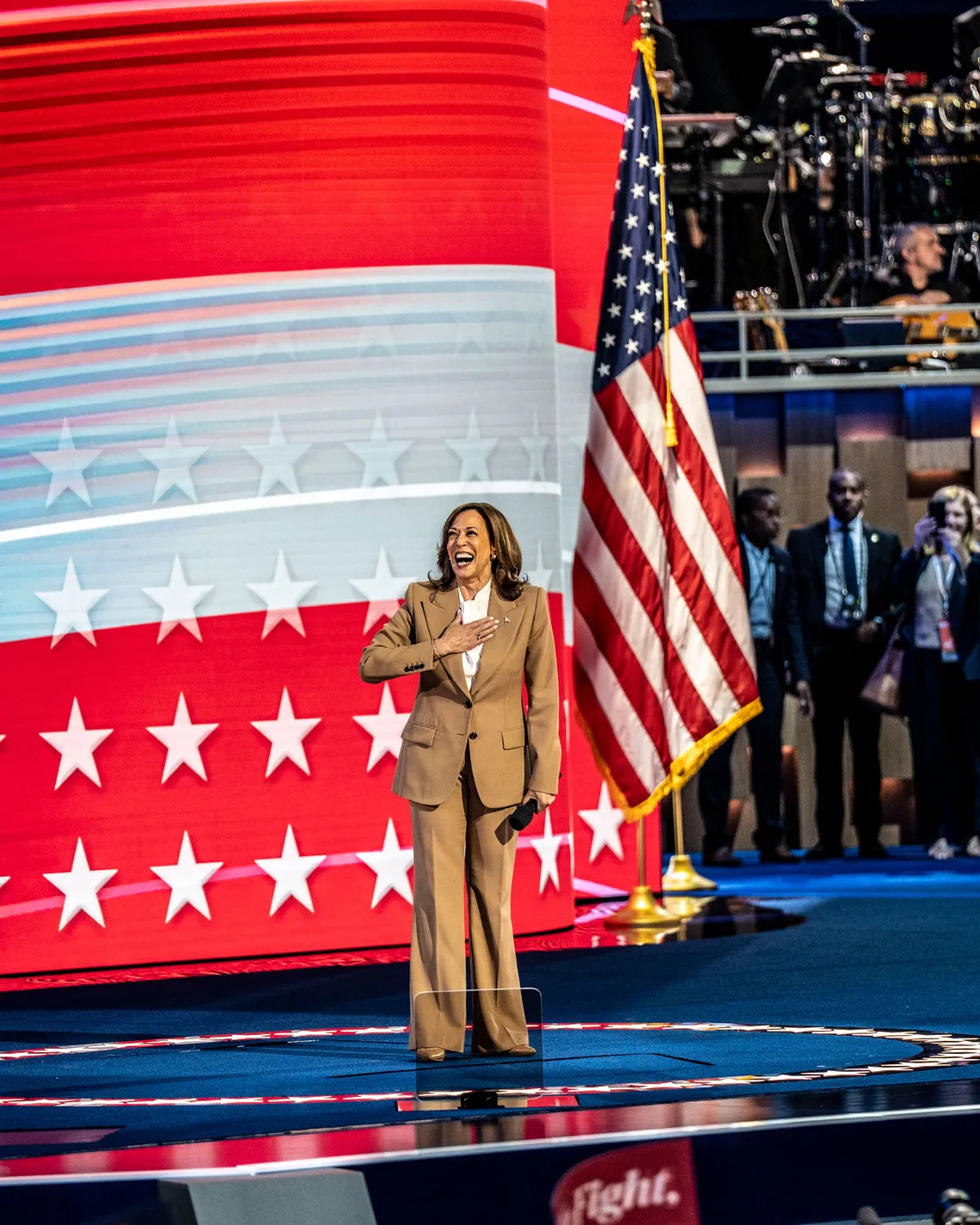 Photo of Vice President Kamala Harris on stage at the DNC.