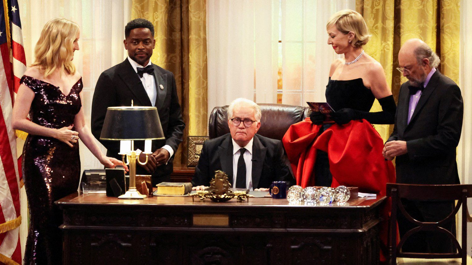 The cast members Janel Moloney, Dulé Hill, Martin Sheen, Allison Janney and Richard Schiff on stage during a tribute to The West Wing at the Emmy Awards last weekend