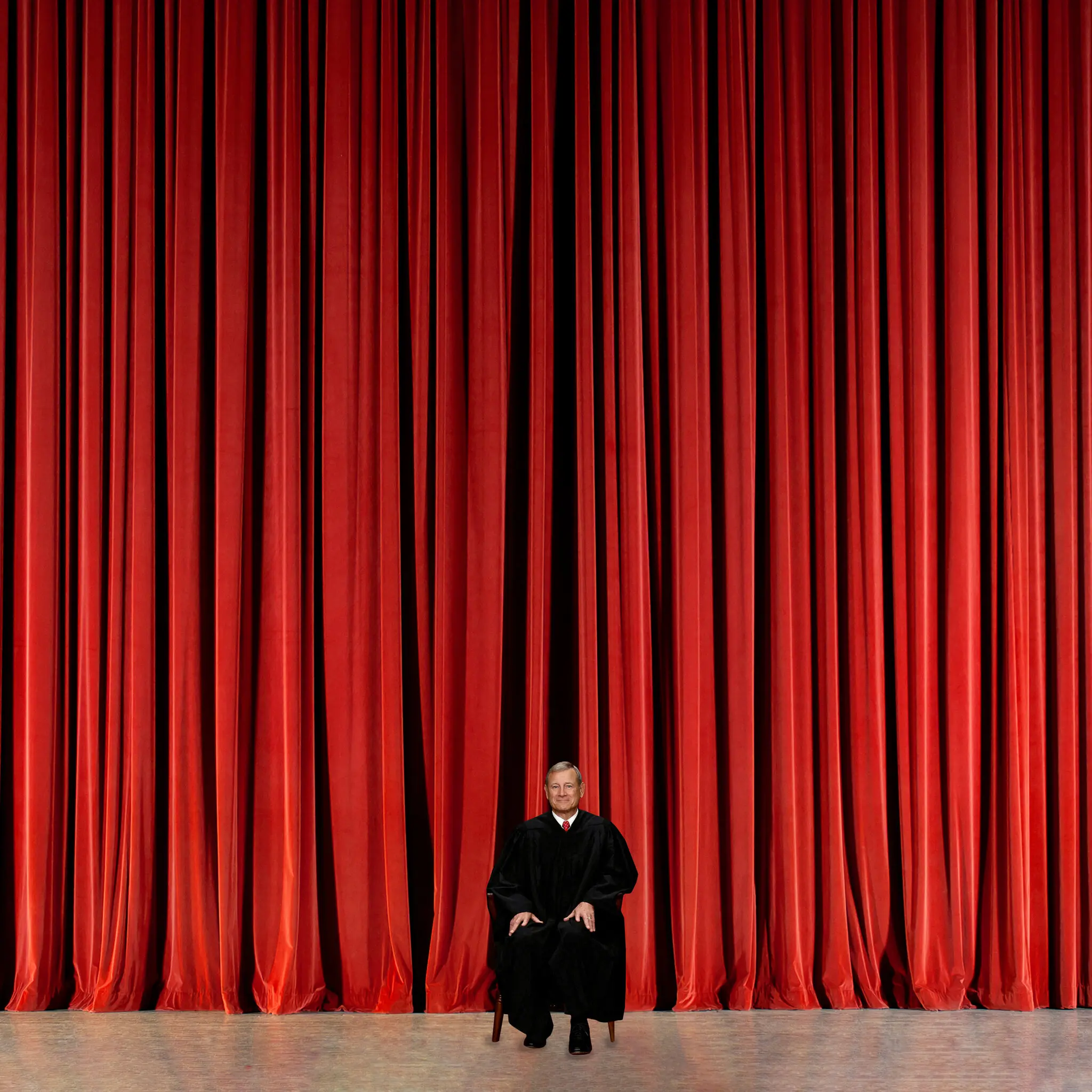 Justice Roberts, alone, in front of a large red curtain Photo Illustration by The New York Times. Source Photographs: Cscredon/Getty Images, Evelyn Hockstein/Reuters