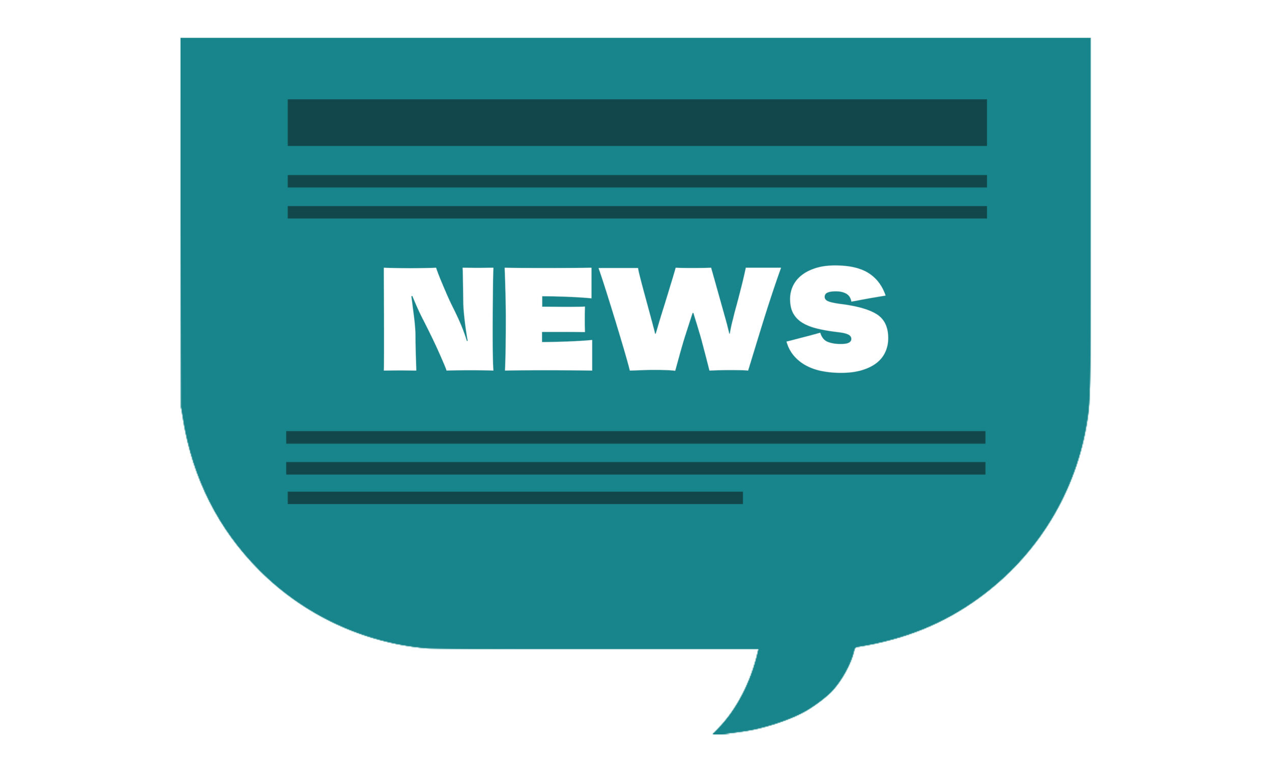 Dark teal word bubble that says News